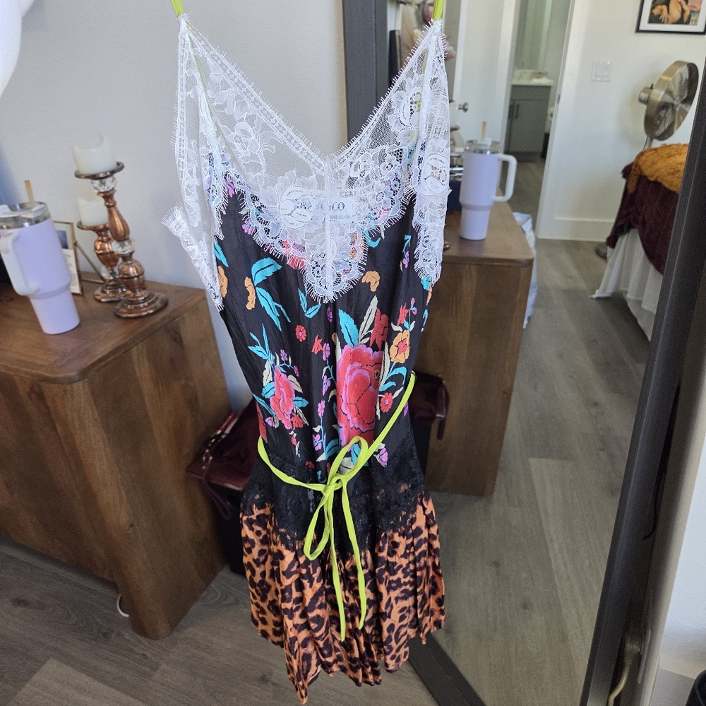 The Attico multi-print leavers lace crepe dress
